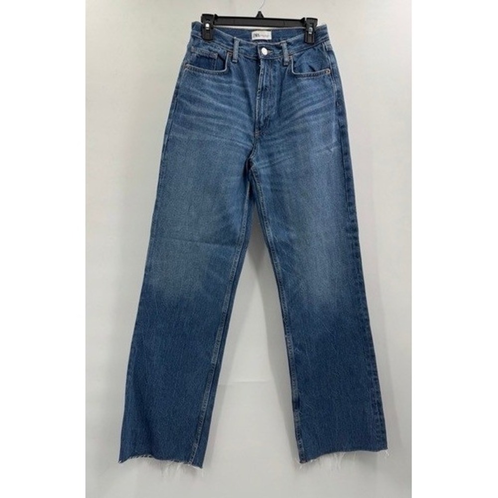 Zara Womens Blue High Rise Wide Leg Denim Jeans SZ 6 Raw Hem Boho Streetwear